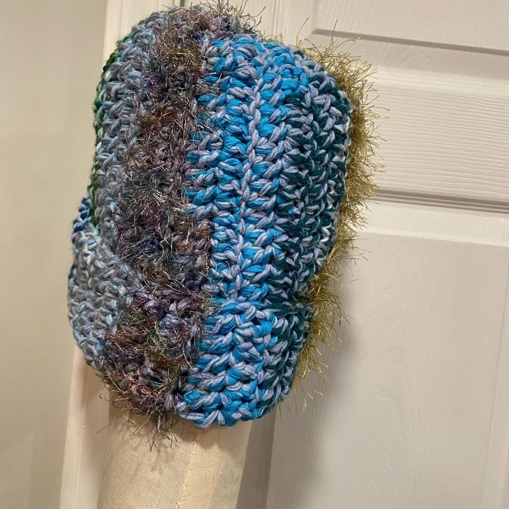Handmade Crochet Chunky Ribbed Upcycled Multi Fiber Scrappy Yarn Beanie Hat